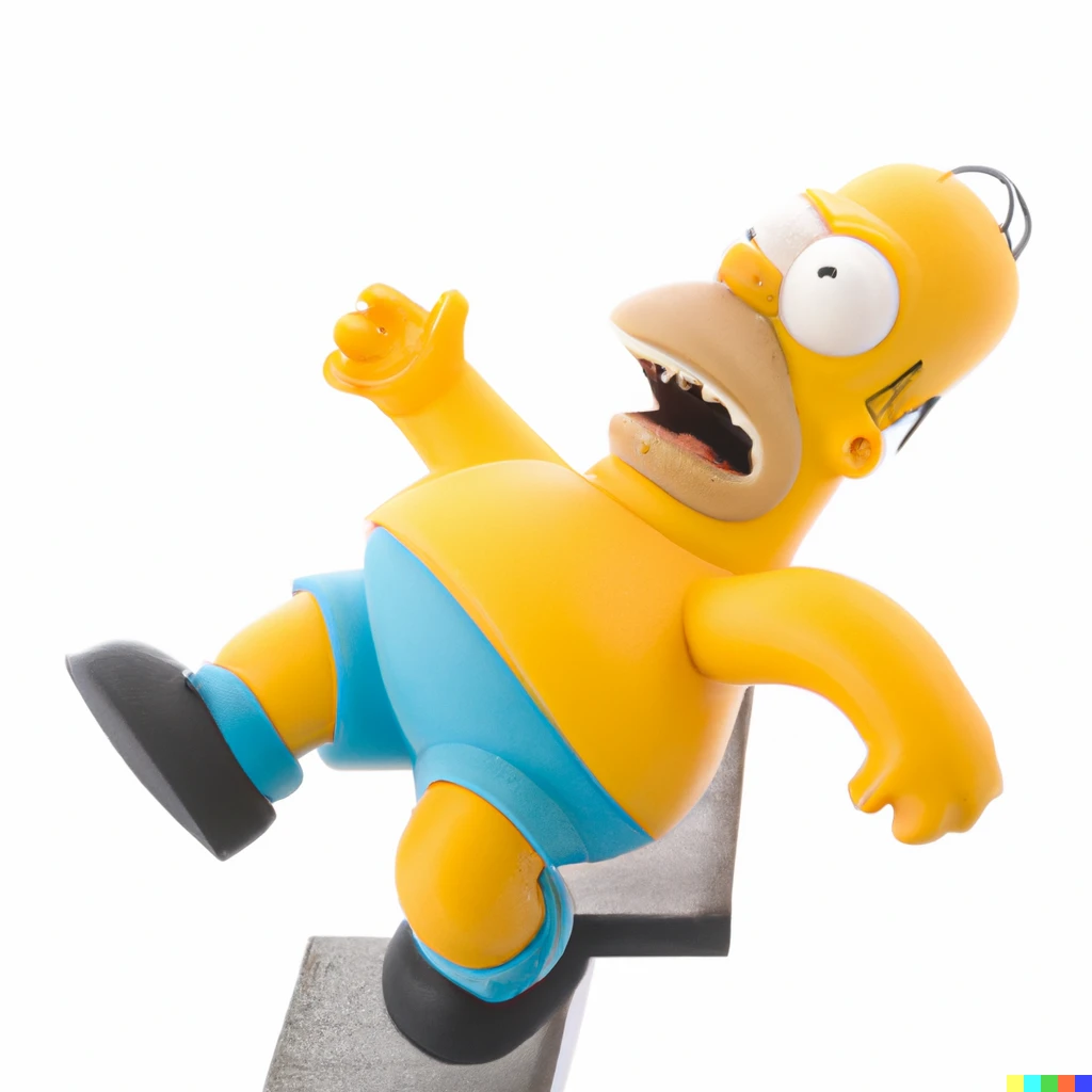 Prompt: homer simpson tripping down a flight of stairs