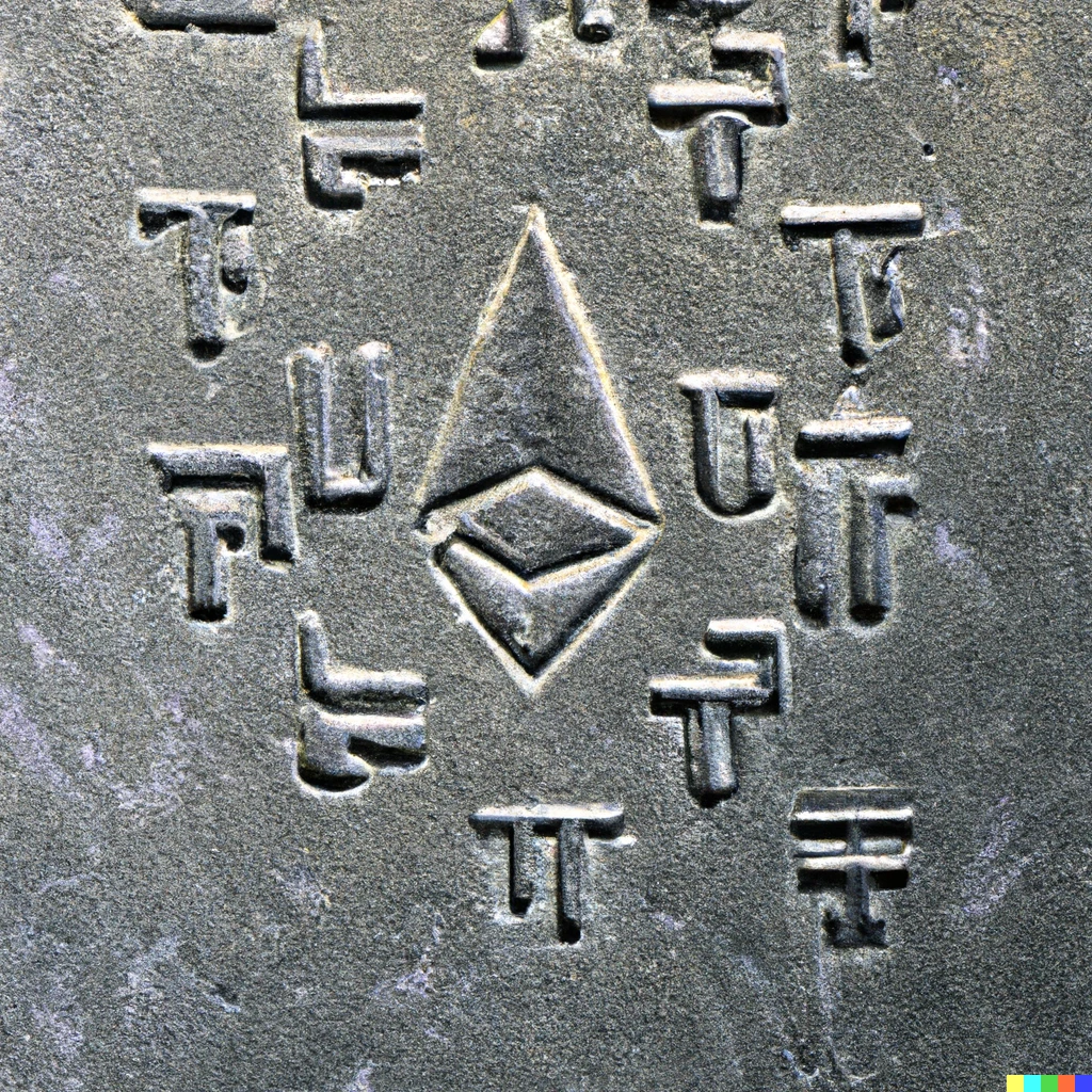 Prompt: Cryptocurrency hieroglyphics in stone, detailed , photograph