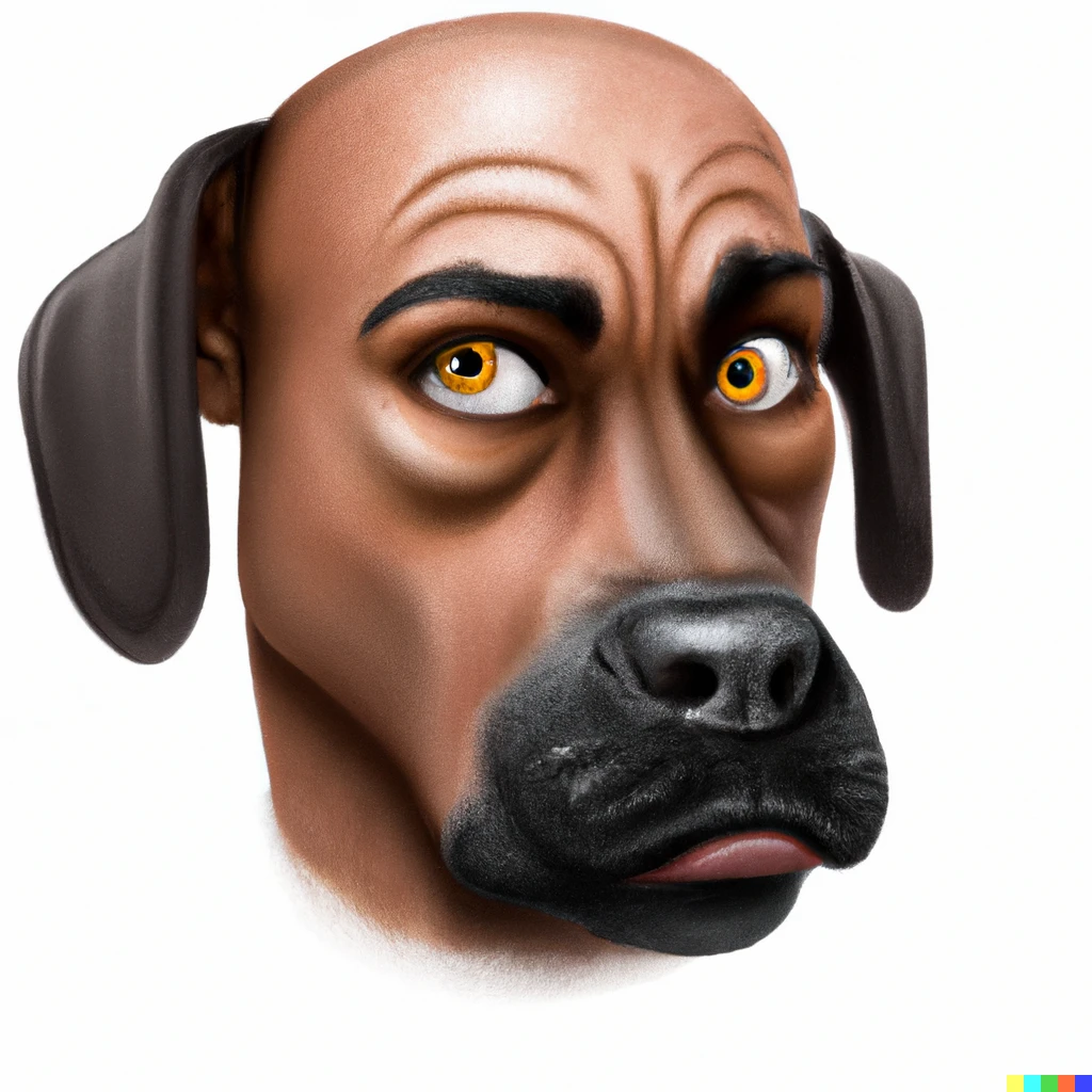 Prompt: Dwayne Johnson with raised eyebrow as a dog, digital art