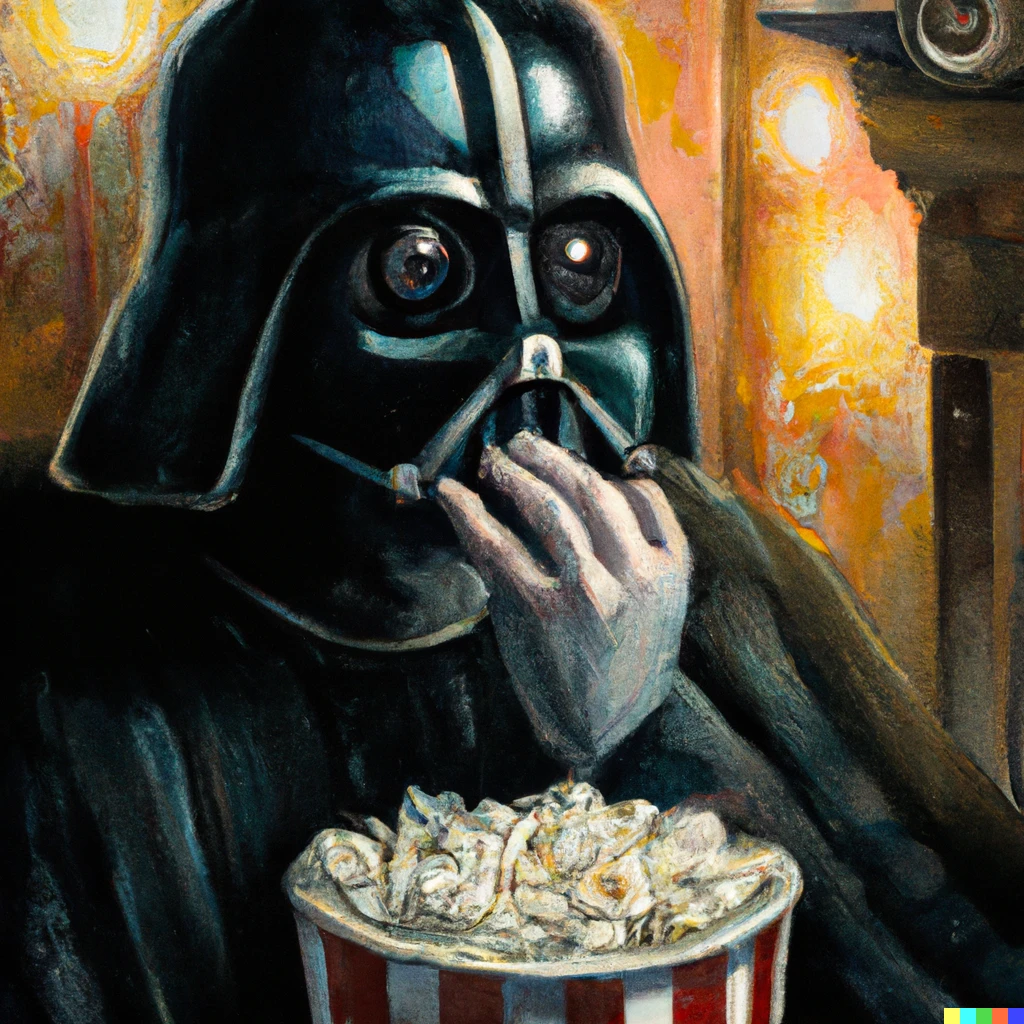 Prompt: painting of darth vader watching TV trying to eat popcorn, detailed, digital art