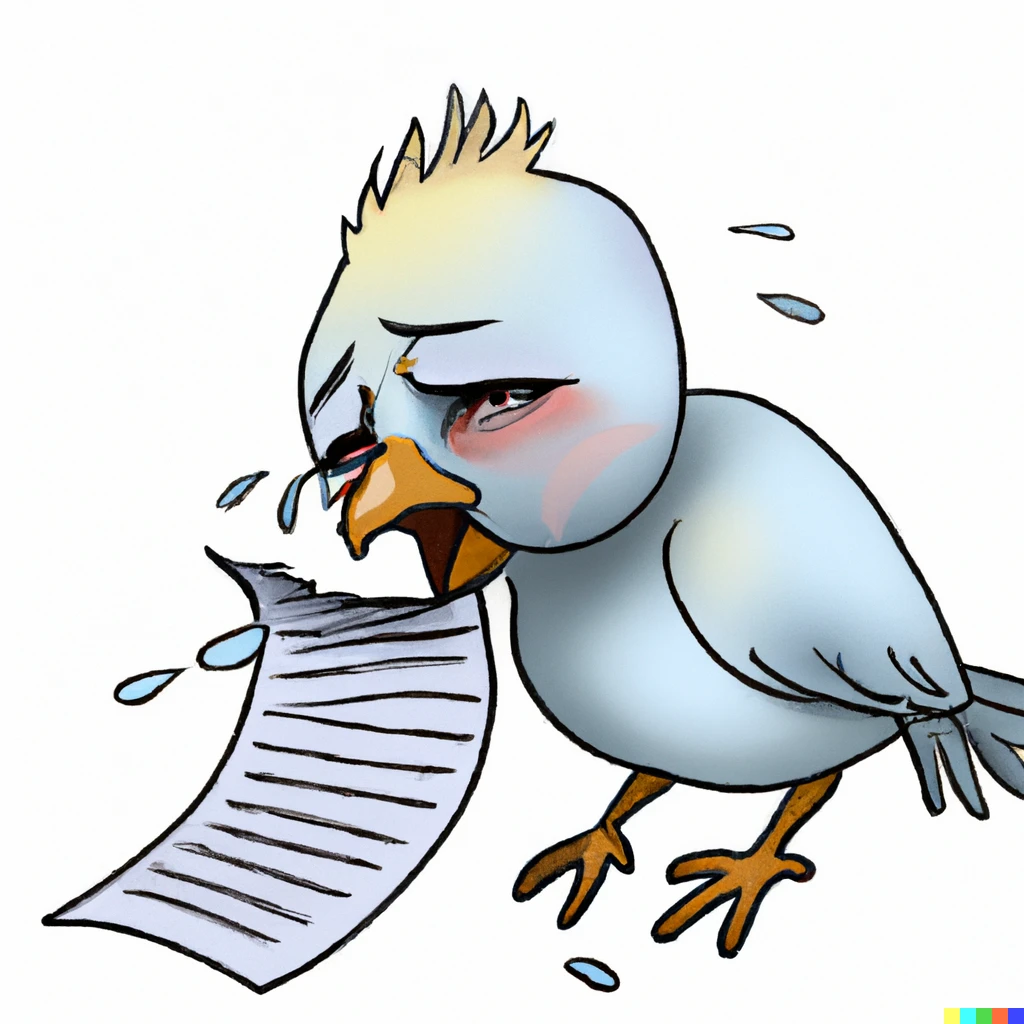 Prompt: puffy bird crying over a research paper