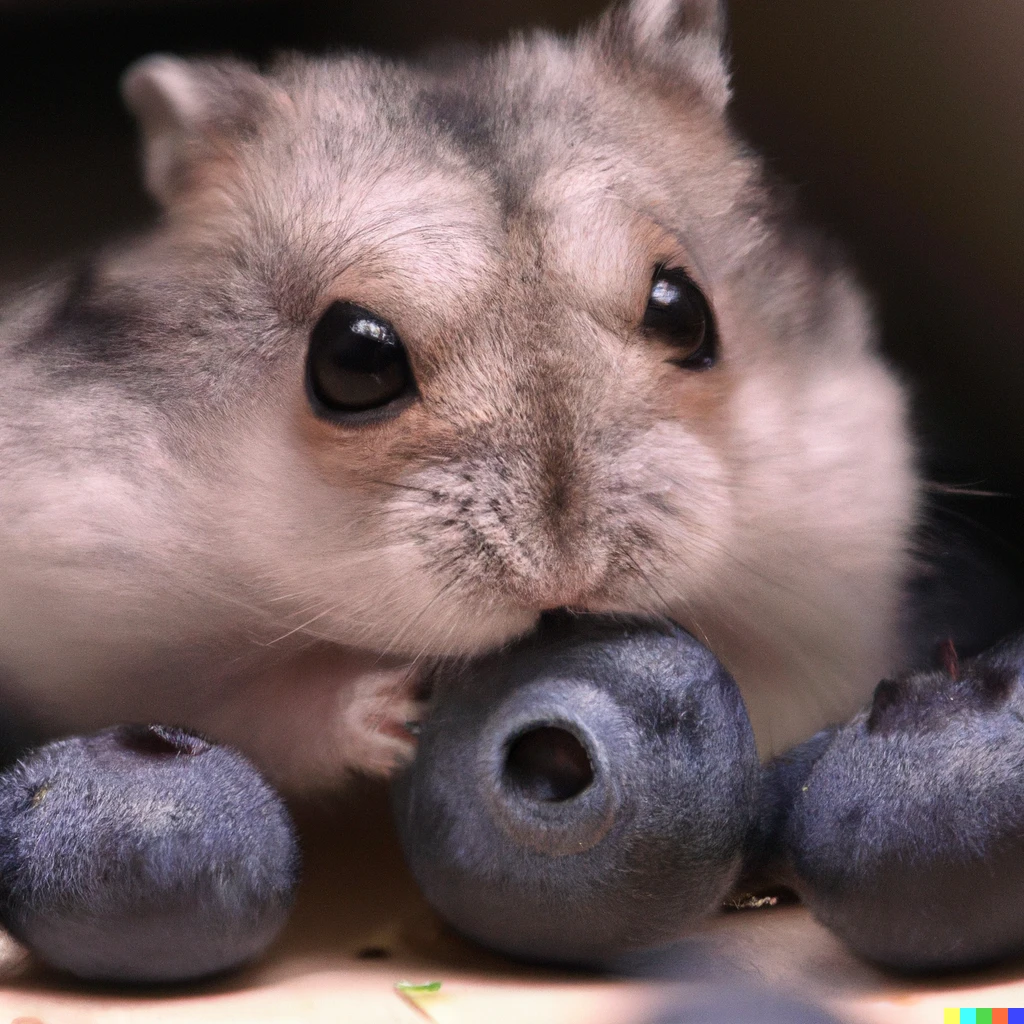 Prompt: dwarf hamster eating a blueberry, photorealistic, 4k