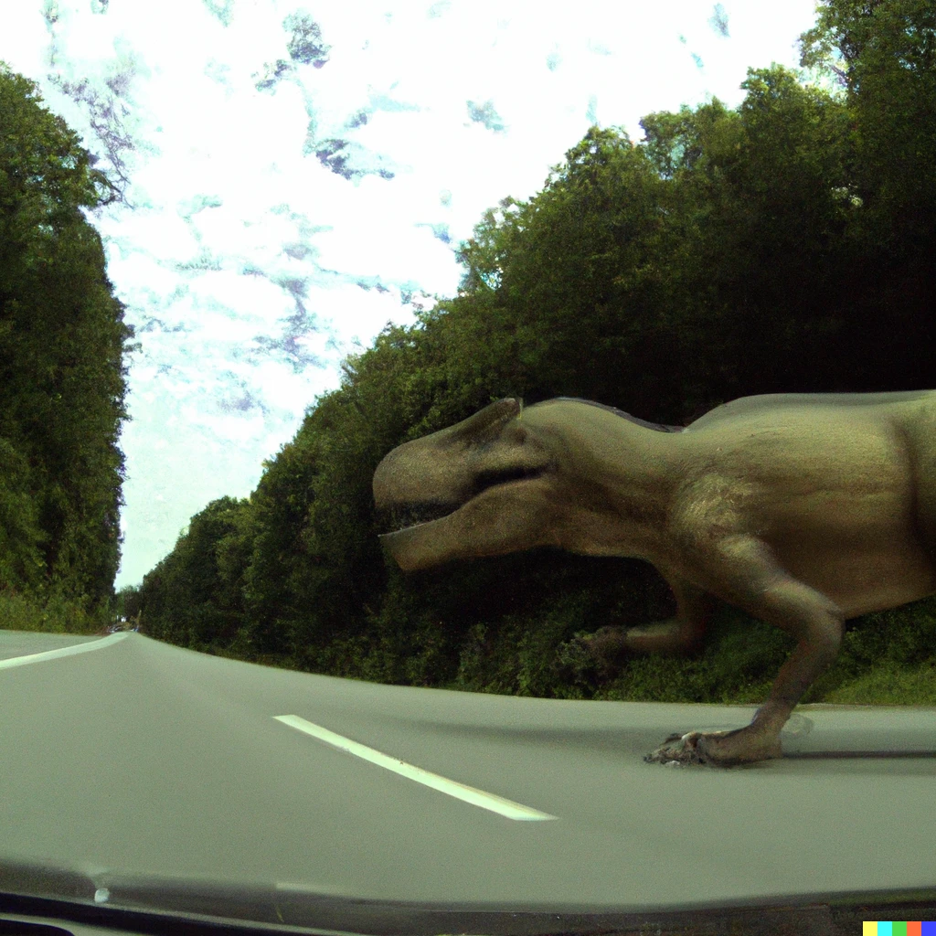 Prompt: dashcam video of a tyrannosaurus-rex crossing the road, dashcam video, low quality, old, compressed