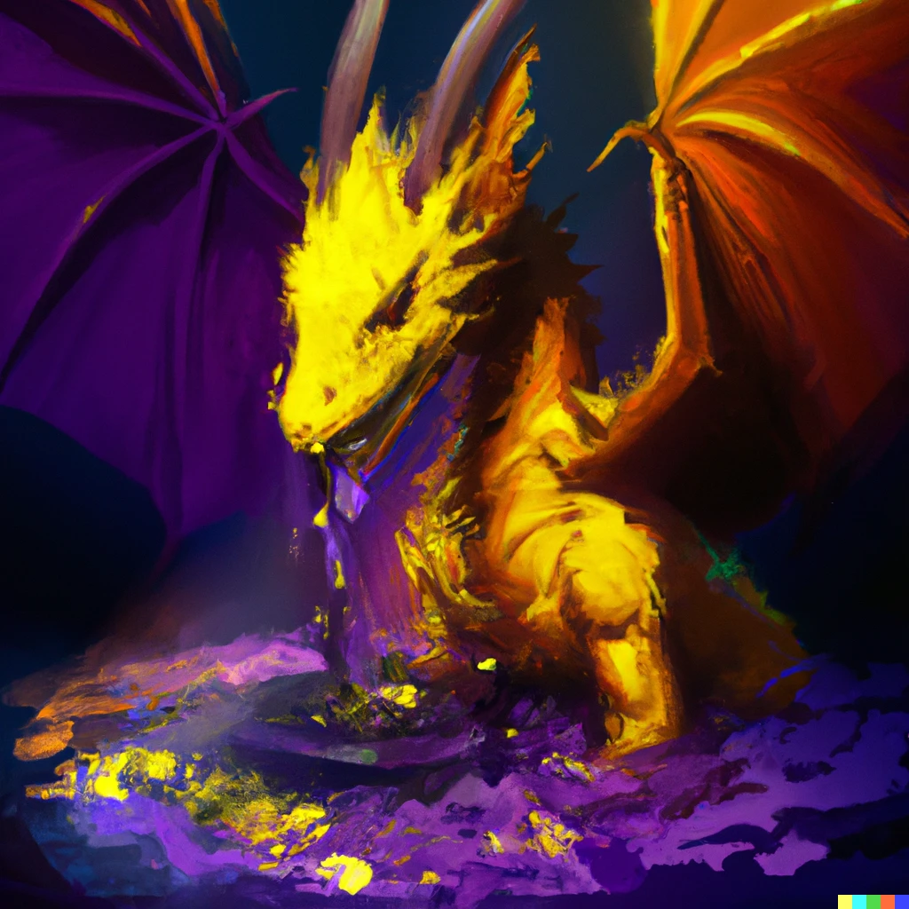 Prompt: a rainbow dragon in a purple healing pool of mustard, detailed, digital art