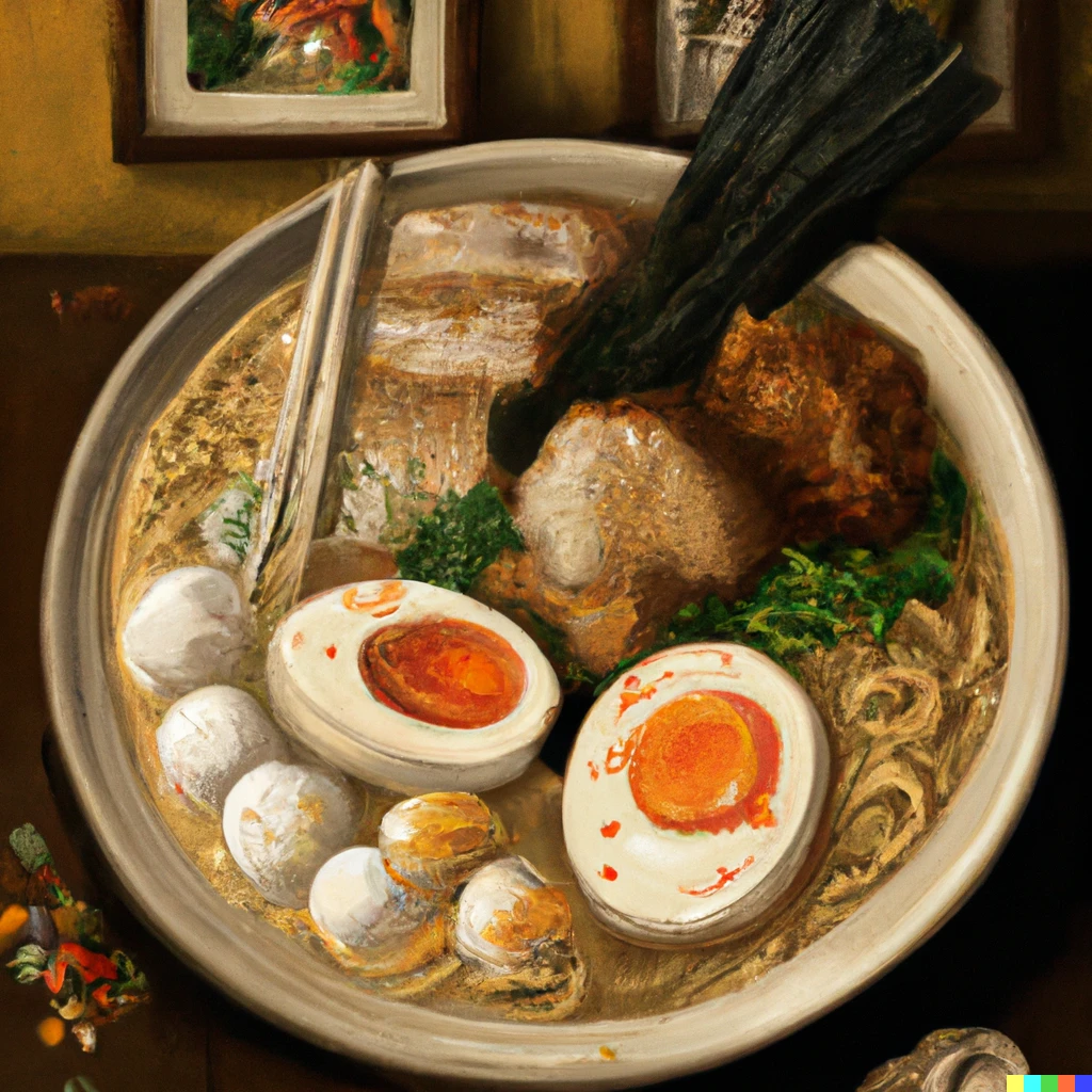 Prompt: norman rockwell painting of pork ramen with cilantro, soft boiled egg, nori and fish cakes , detailed, digital art