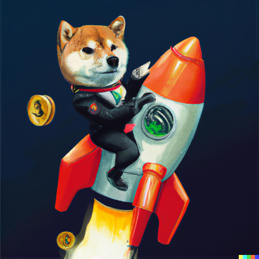 Prompt: Anthropomorphic shiba inu in a suit holding a gold coin on a rocket riding to space, digital art