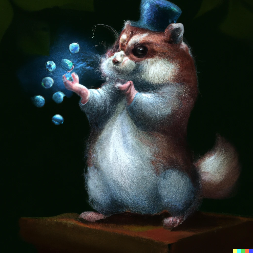 Prompt: a magician hamster throwing blueberry spells, digital art