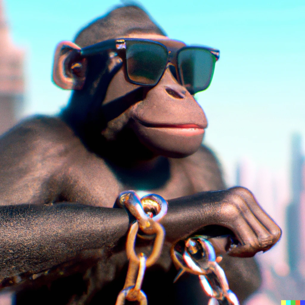 Prompt: monkey with black shades and a chain watching tiktok in times square photorealistic 4k