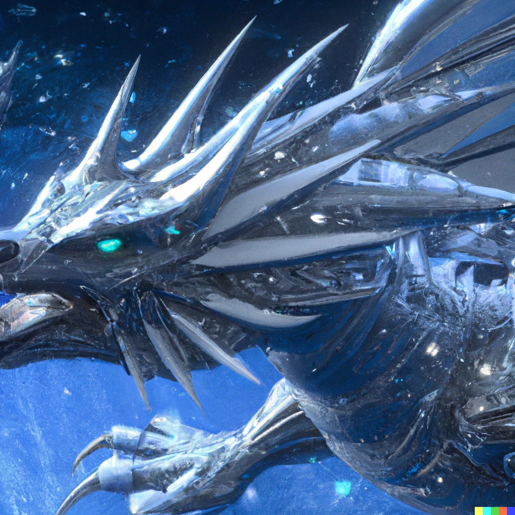 Prompt: A fantasy dragon who's skin is covered in glistening frosted scales