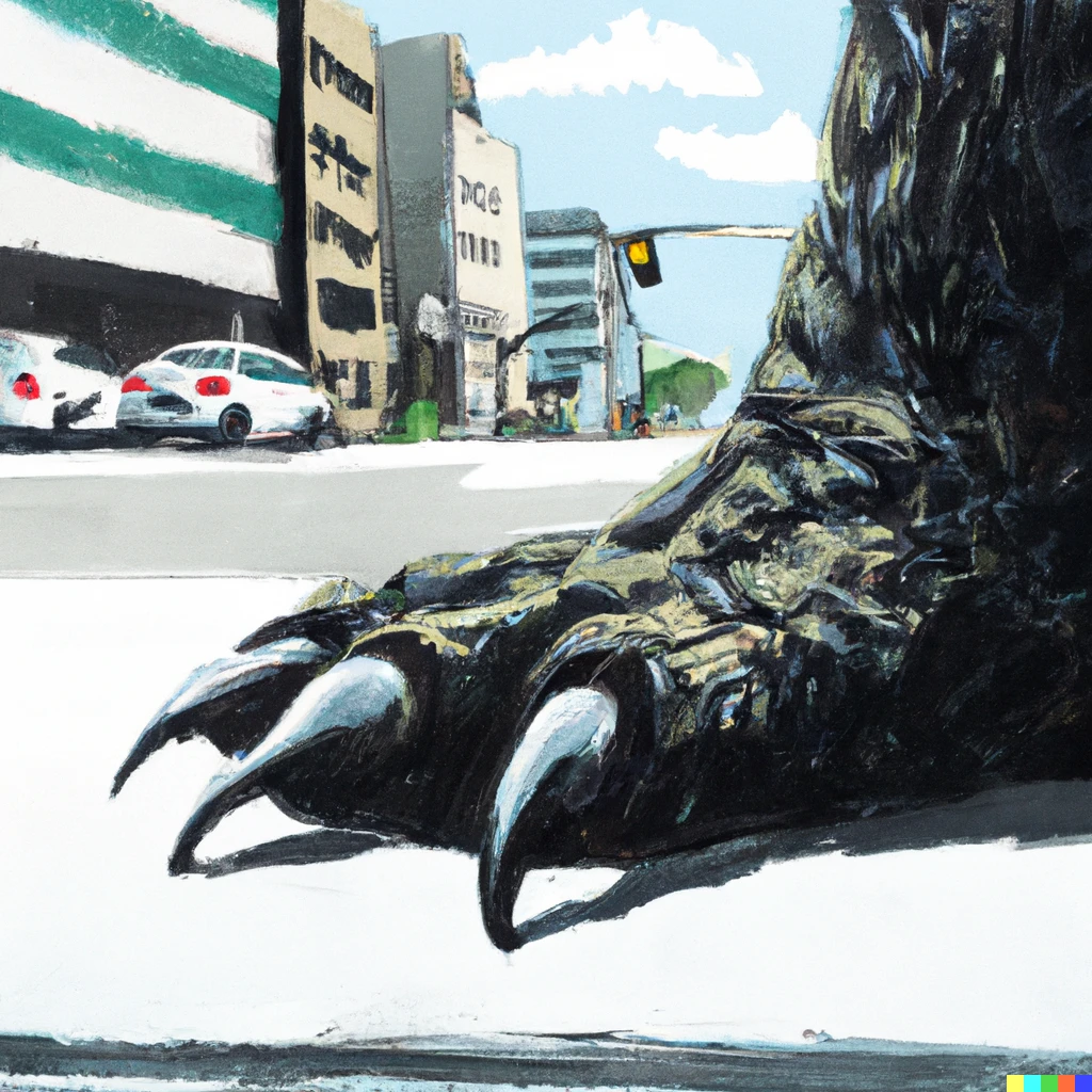 Prompt: painting of giant godzilla's foot on street, realism,  digital art