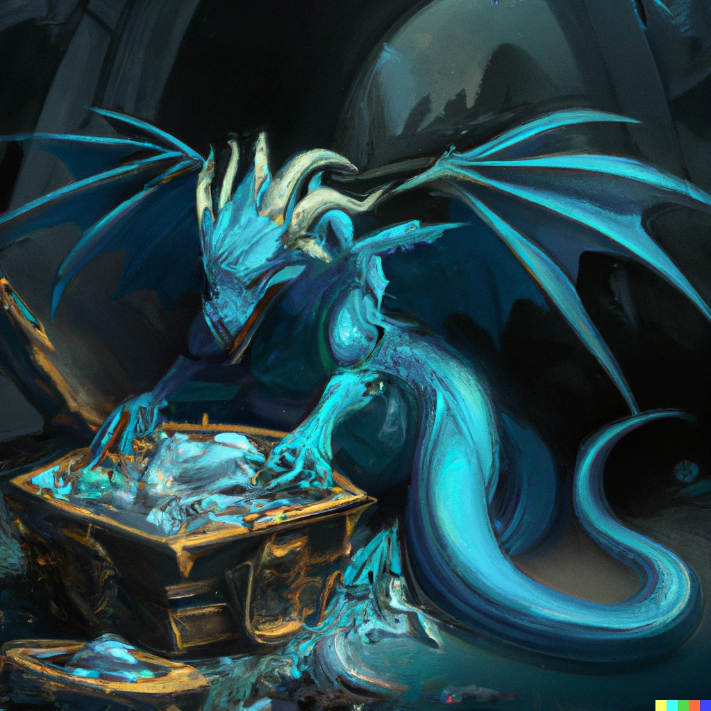Prompt:  blue dragon protecting its hoard of treasure, digital art