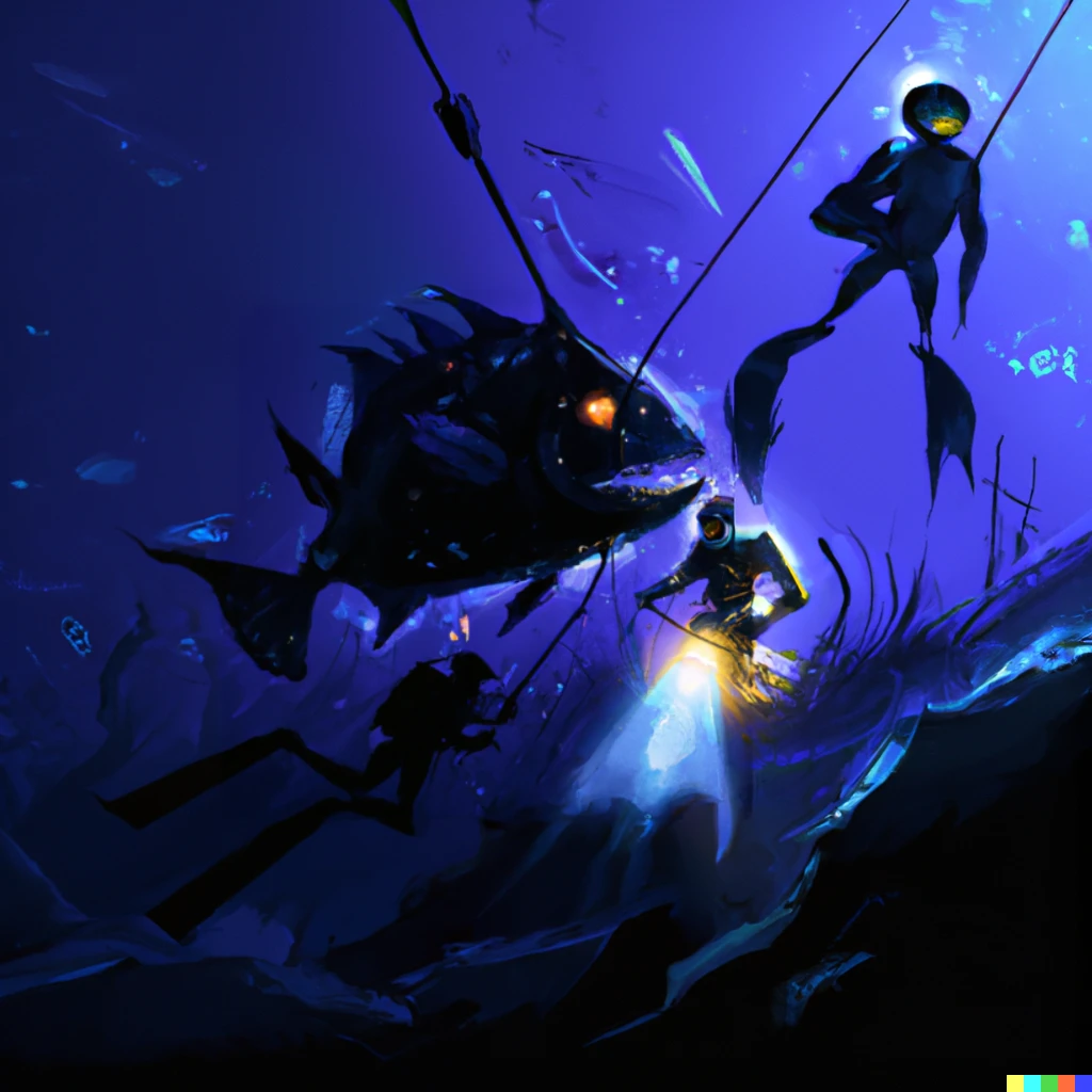 Prompt: submarine over angler fish and scuba divers