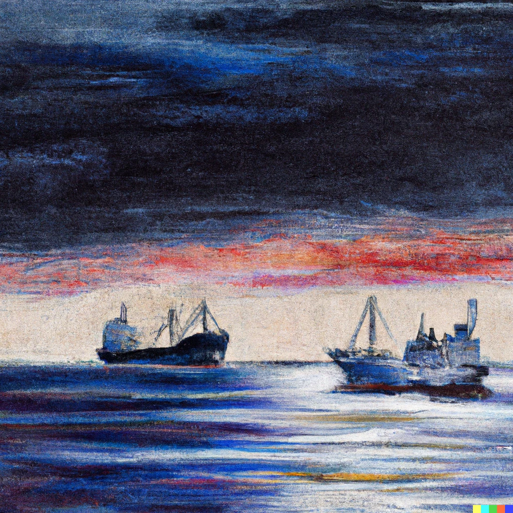 Prompt: painting of two vessels moving away from the sea near each other during the evening