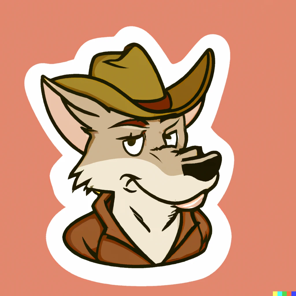 Prompt: Cute coyote wearing a cowboy hat, adobe sticker illustration svg