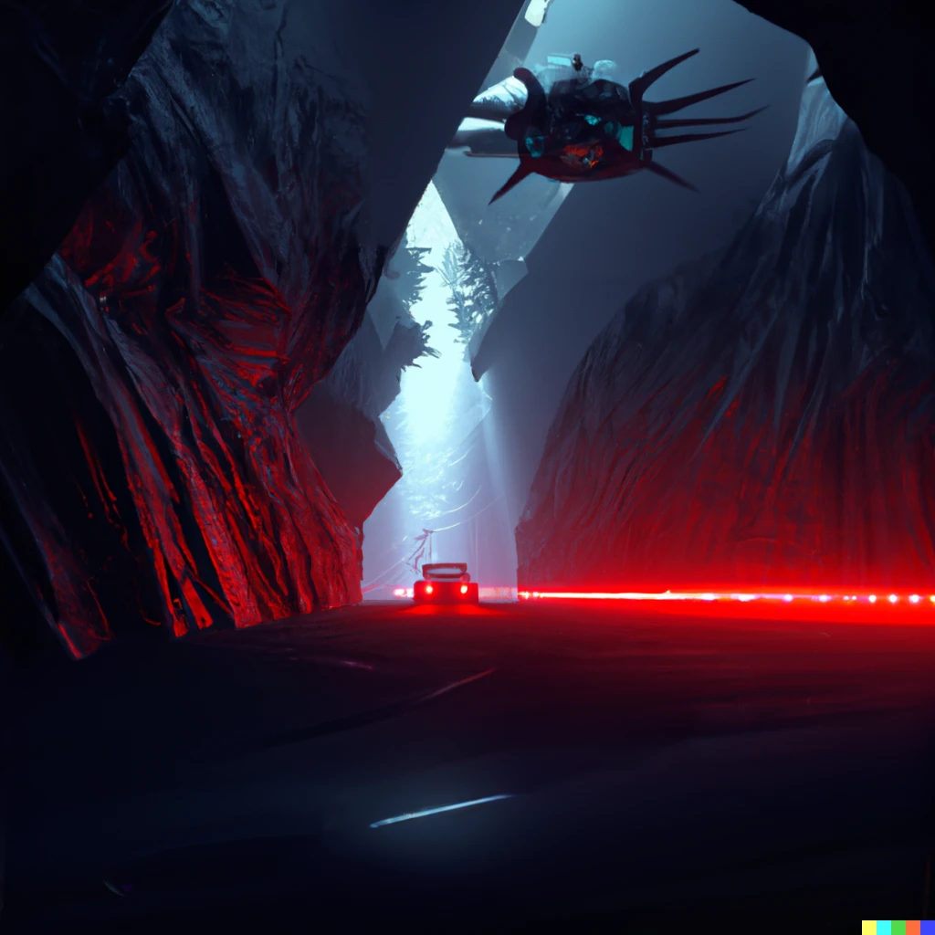 Prompt: giant monster in tunnel, with cars, digital art