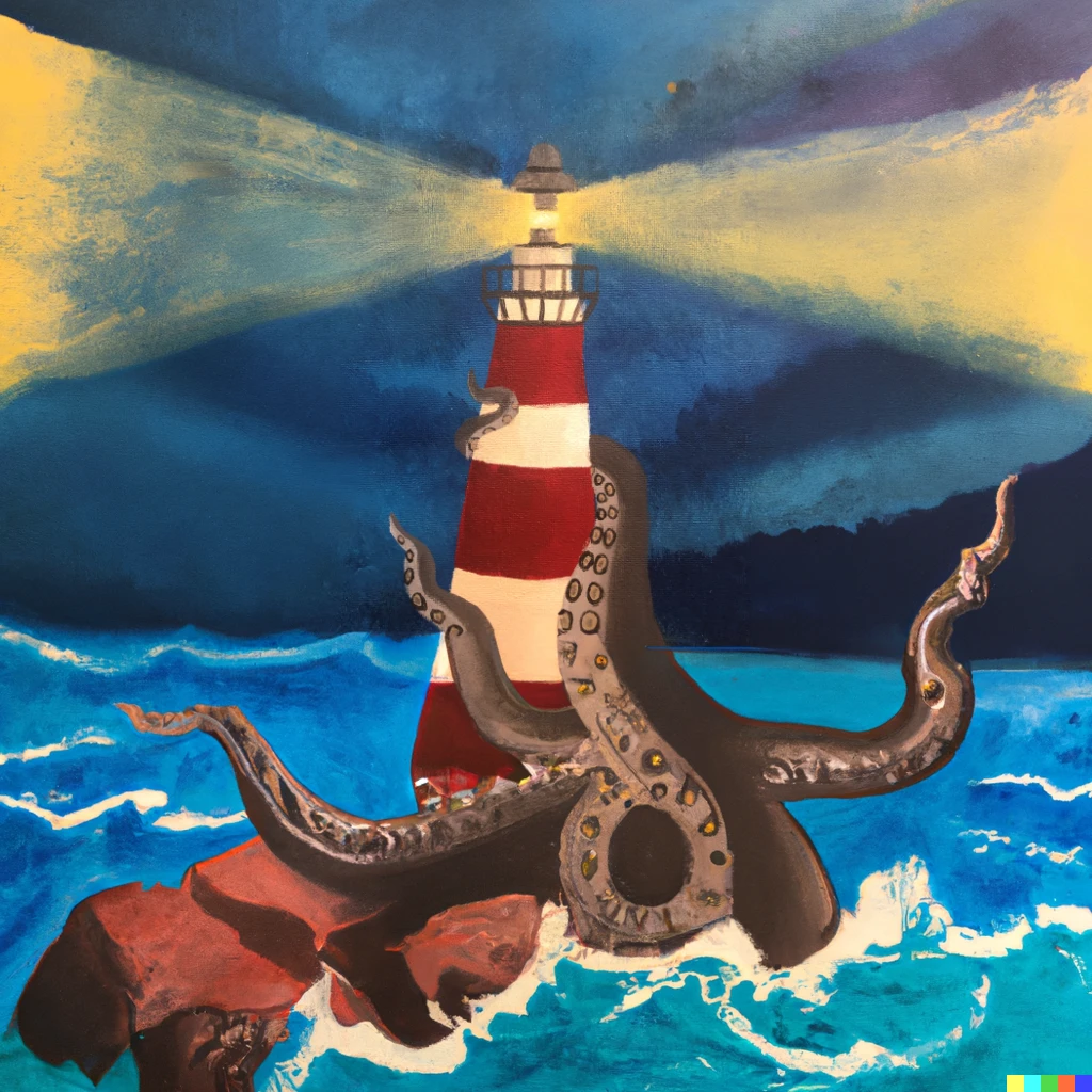 Prompt: lighthouse with kraken in ocean grabbing it