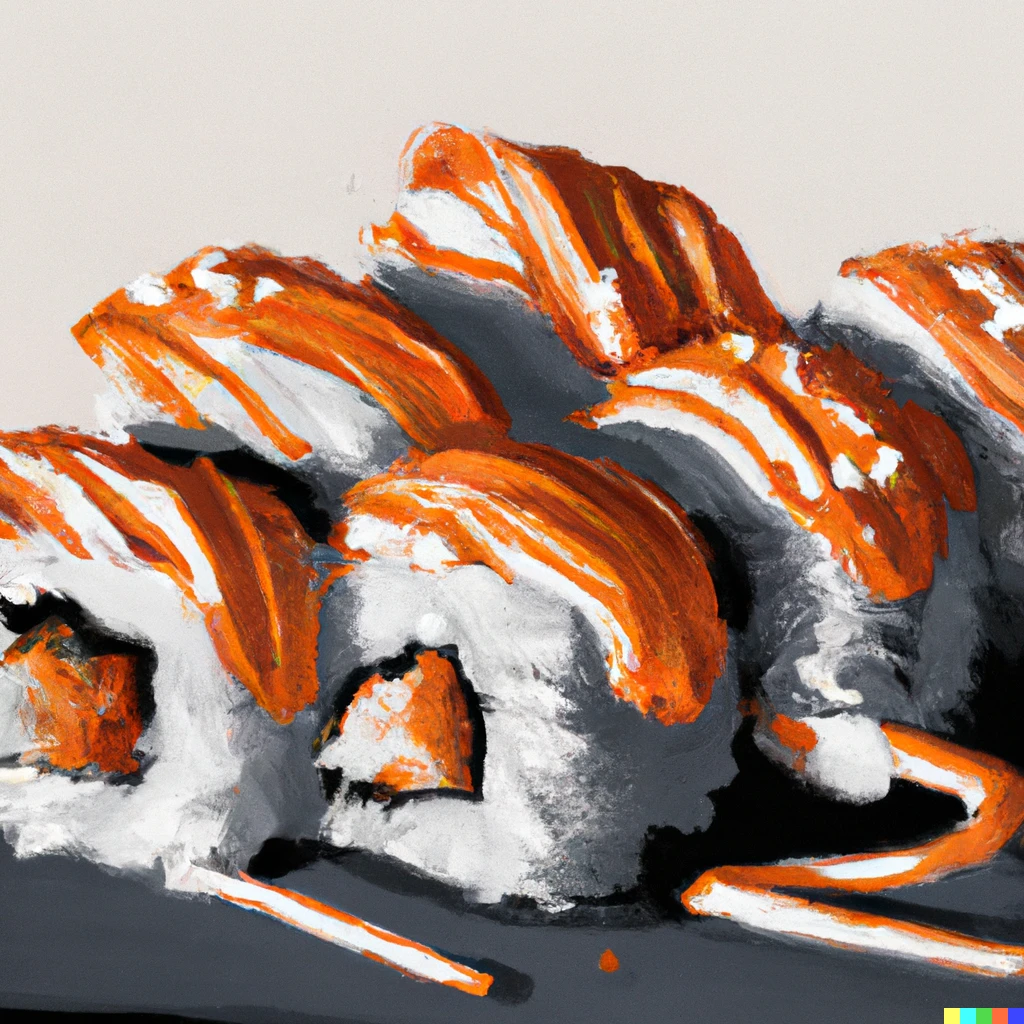 Prompt: painting of buffalo chicken tenders sushi , digital art