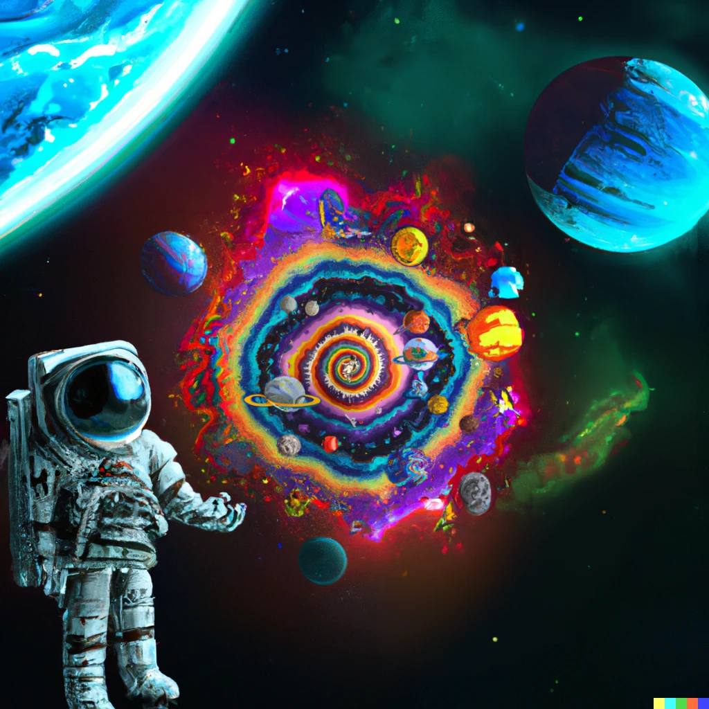 Prompt: giant galaxy with UFO saucers and planets and astronaut in middle, digital art