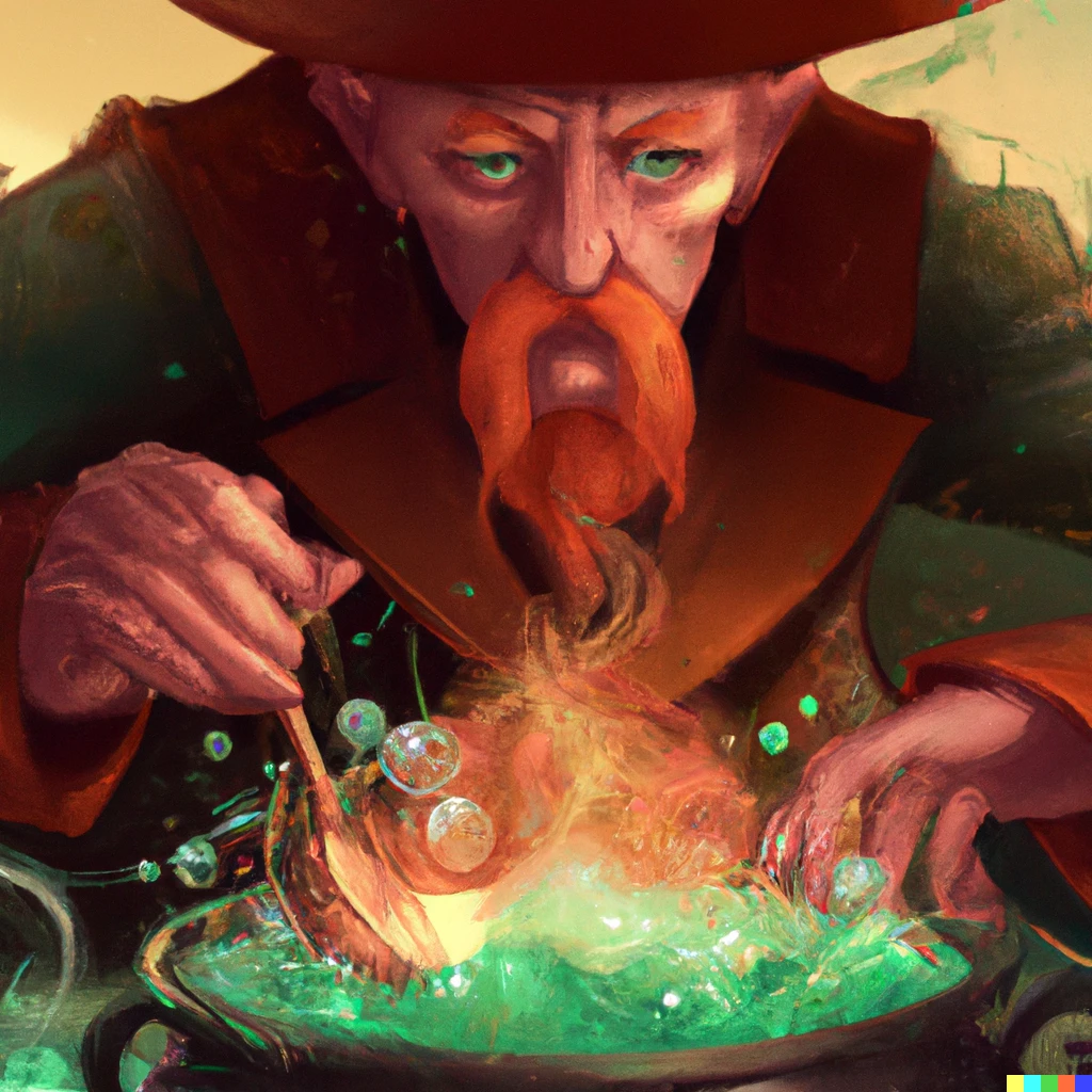 Prompt: a wizard mixing a cauldron with many colored chemicals, Bright, Detailed, Digital Art