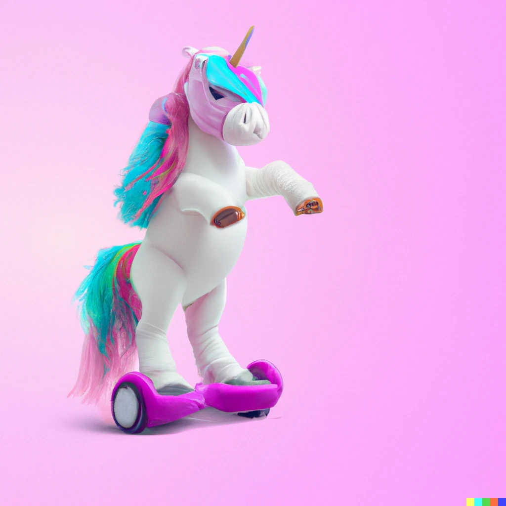 Prompt: unicorn riding a hoverboard, 4k, photograph