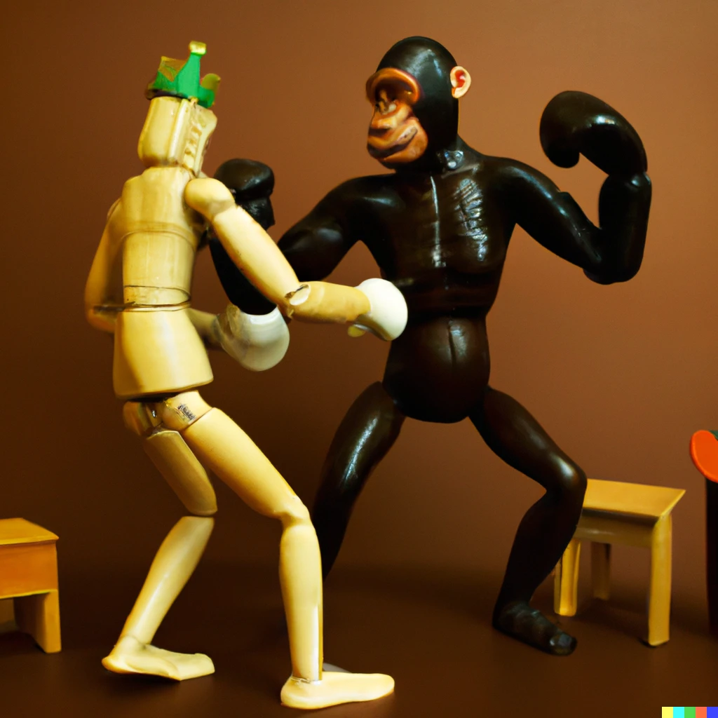 Prompt: A life-size mannequin and a real chimpanzee boxing against each other in a Burger King, photography