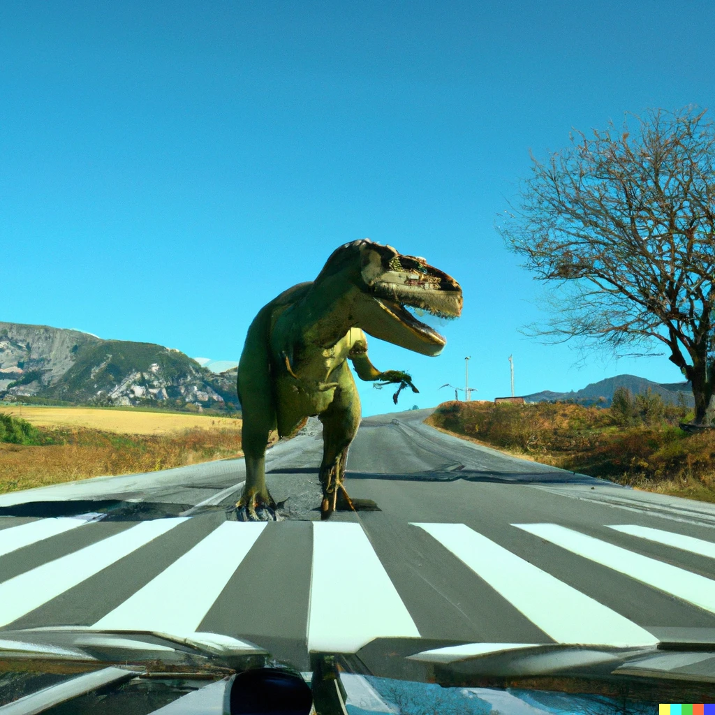 Prompt: A tyrannosaurus-rex crossing the road, dashcam video