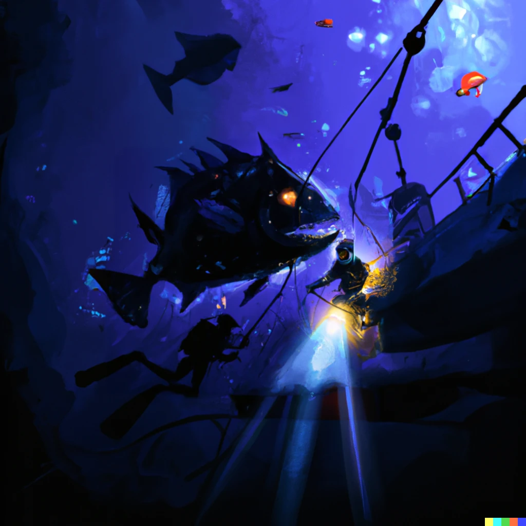 Prompt: submarine over angler fish and scuba divers