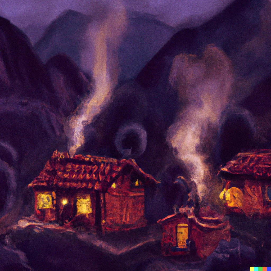 Prompt: painting of cozy tiny wood homes with smoke coming out of chimney, on mountainside in peru, nighttime, digital art