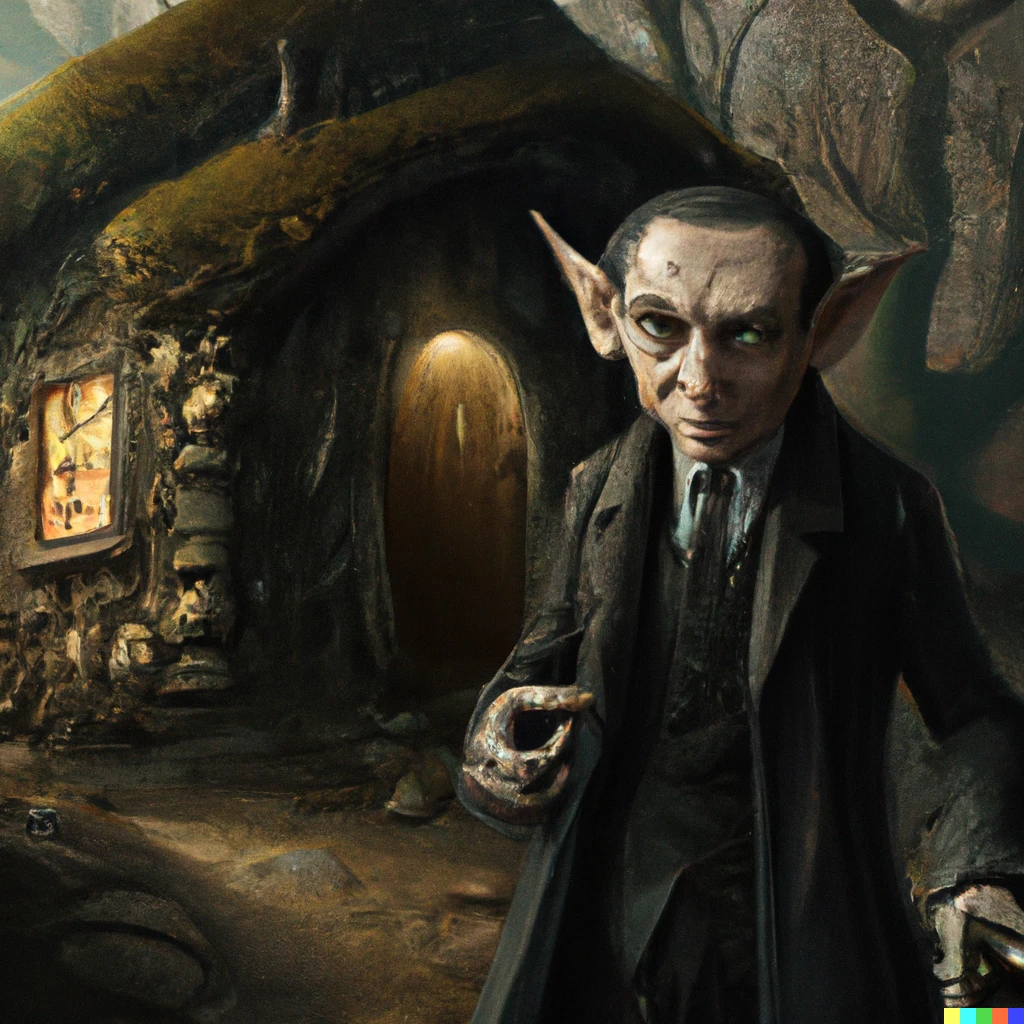 Prompt: painting of Elegant Gollum in black suit in front of Hobbit house, detailed, digital art
