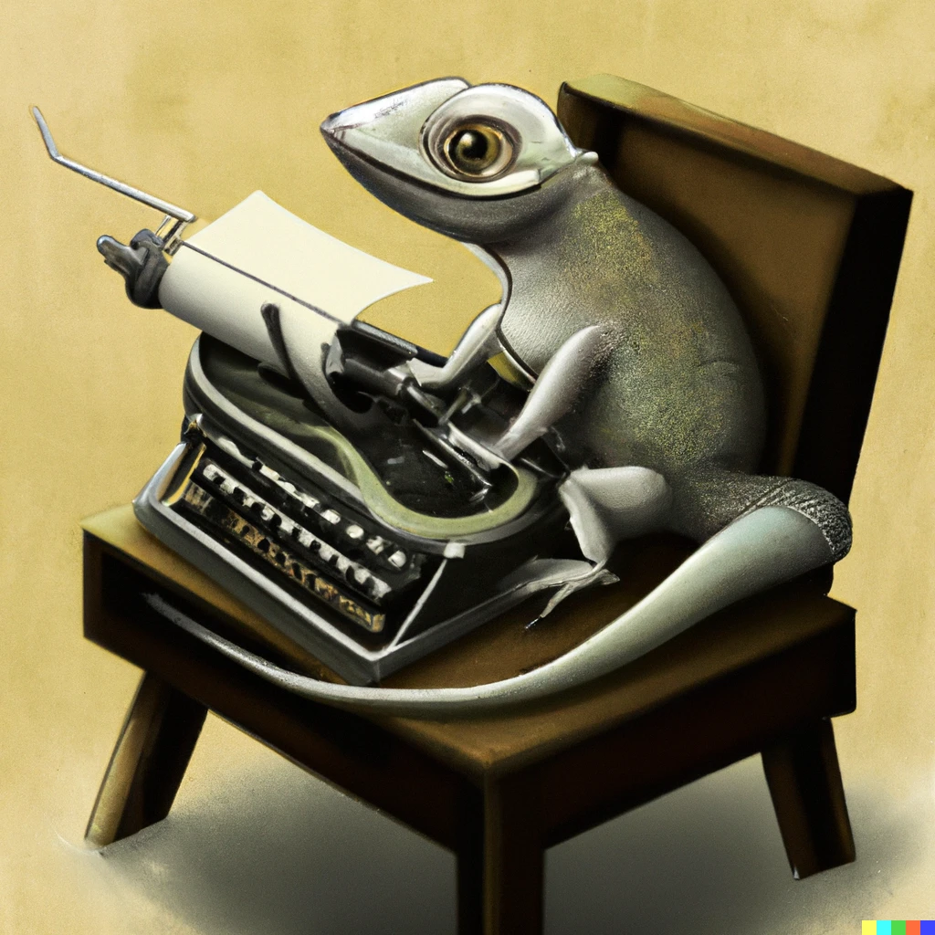 Prompt: lizard sitting in a chair using a typewriter, realism, detailed, sharp lines, digital art
