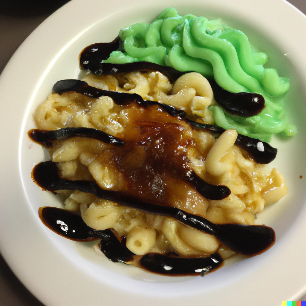 Prompt: Mac and cheese with chocolate sauce and green jello