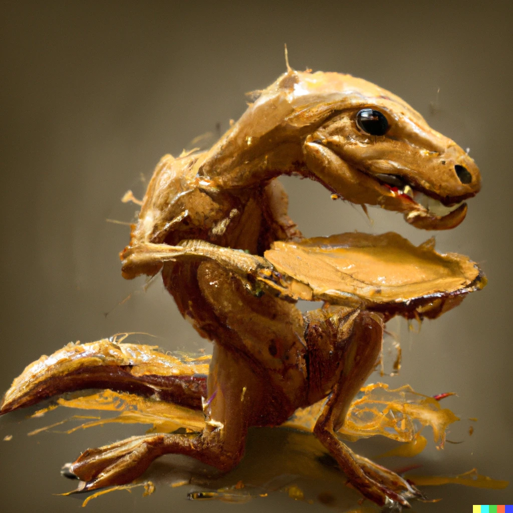 Prompt:  Velociraptor completely covered in peanut butter, digital art