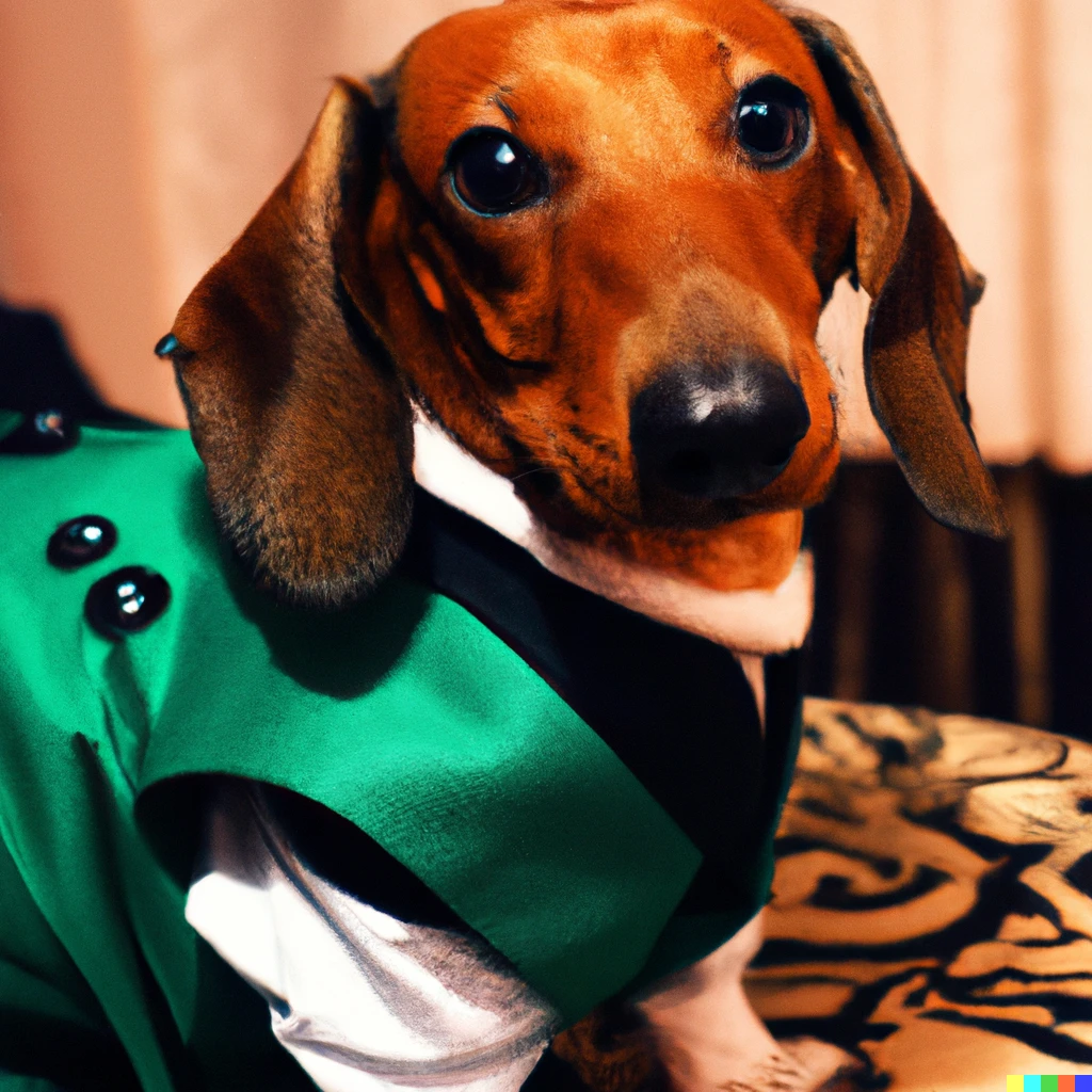 Prompt: photo of a dachsund in a suit, 4k, photograph