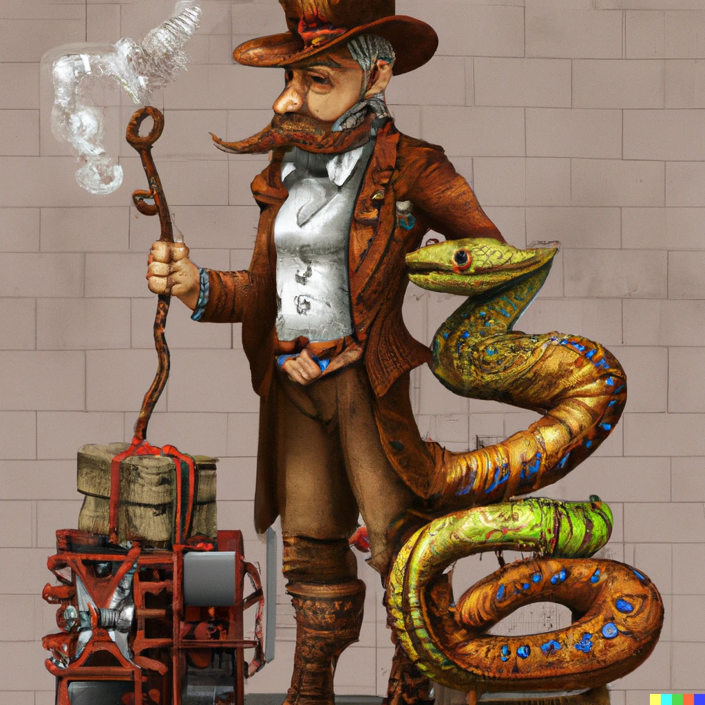 Prompt: A cowboy on a snake's birthday, in the style of steampunk, digital art