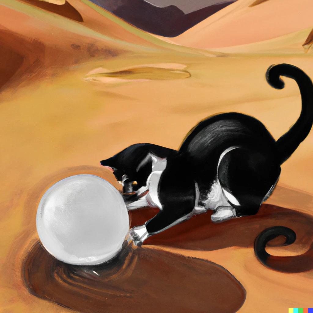 Prompt: Oversized cat playing with huge marble in dessert, Cairo, Egypt, digital art