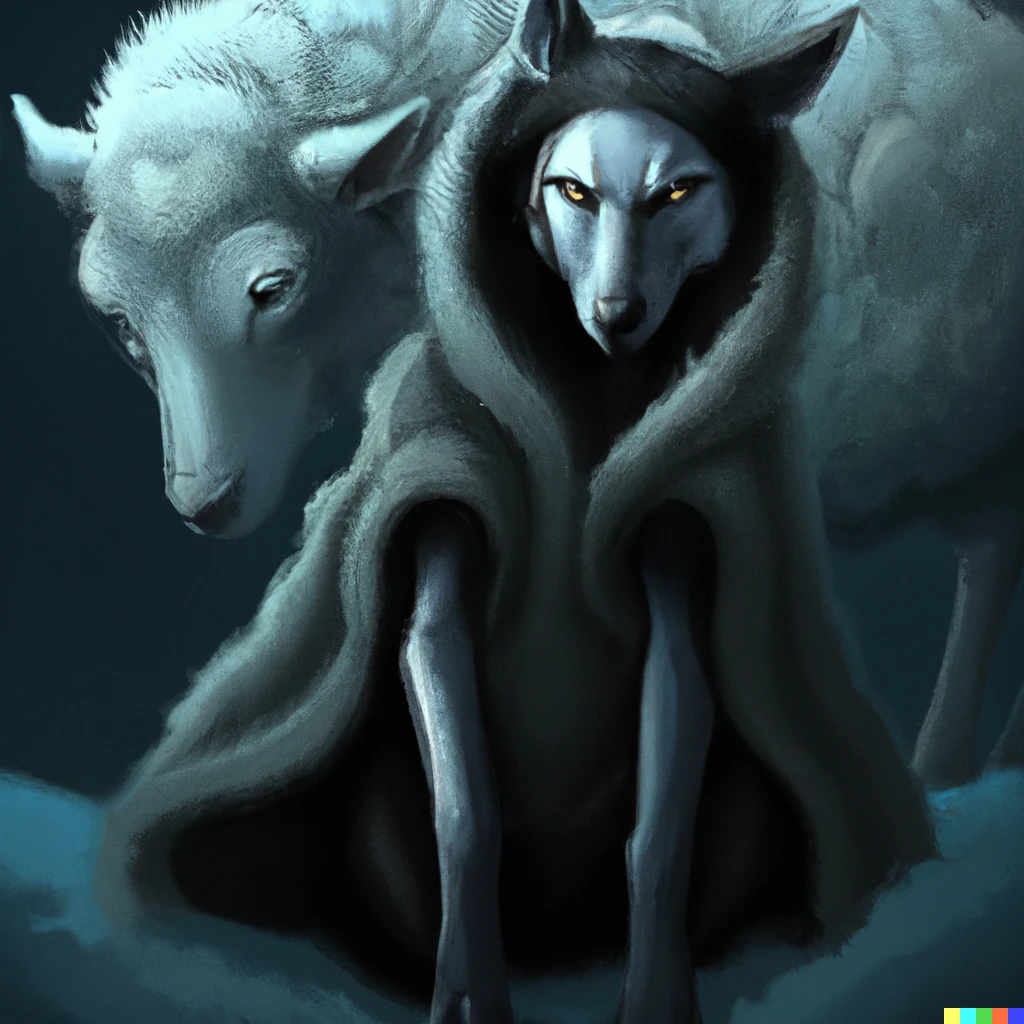 Prompt: a wolf in sheep's clothing, digital art