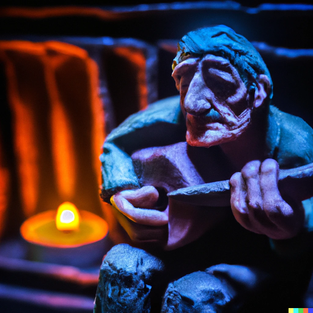 Prompt: Claymation art of a old man playing guitar, 100mm, candle lightning, industrial colours, extremely detailed