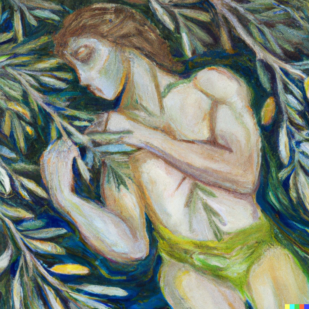Prompt: A pale one-armed man from ancient Greece, lying in the water of a creek, holding an olive branch on his chest, painted in the style of the pre-raphaelites