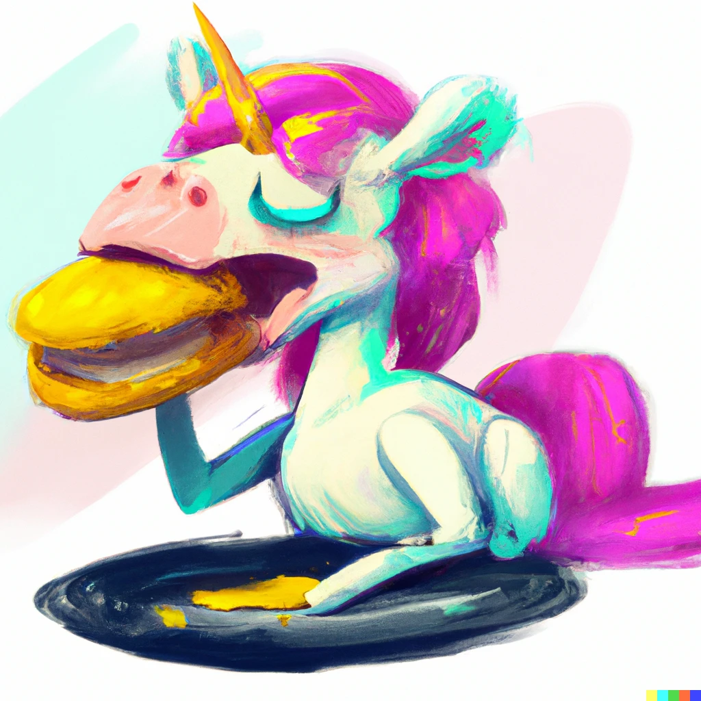 Prompt: unicorn eating a hamburger, digital art