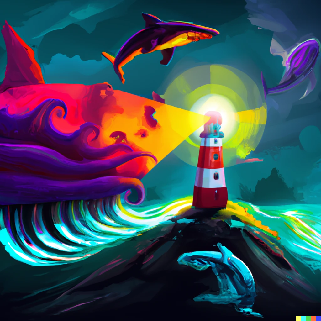 Prompt: lighthouse shining on waves, UFOs in sky, sharks in water