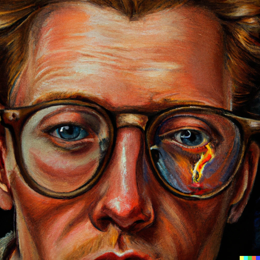 Prompt: Norman Rockwell painting of a a close up of a guy wearing glasses, a fire in the reflection of his glasses, detailed, digital art