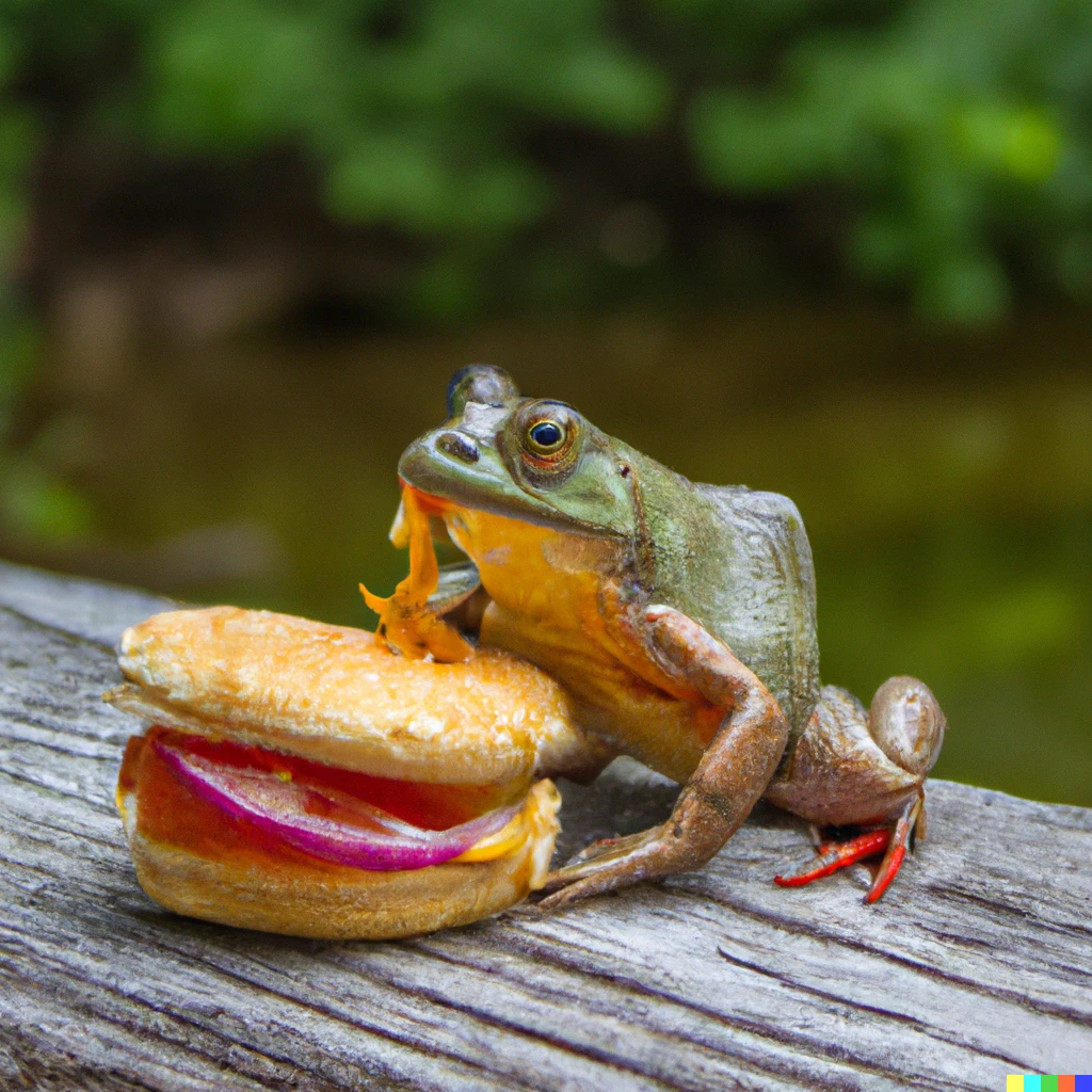 Prompt:  frog eating a cheeseburger, 4k, photograph
