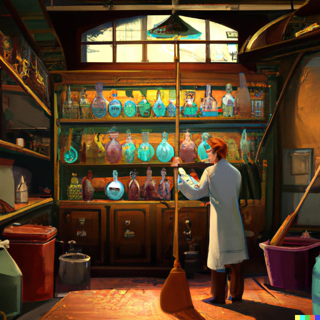 Prompt: a apothecary shopkeeper sweeping the ground with a broom, extremely organized store, light diffusing through window on dozens of colorful beakers on wall, detailed, sharp lines, digital art