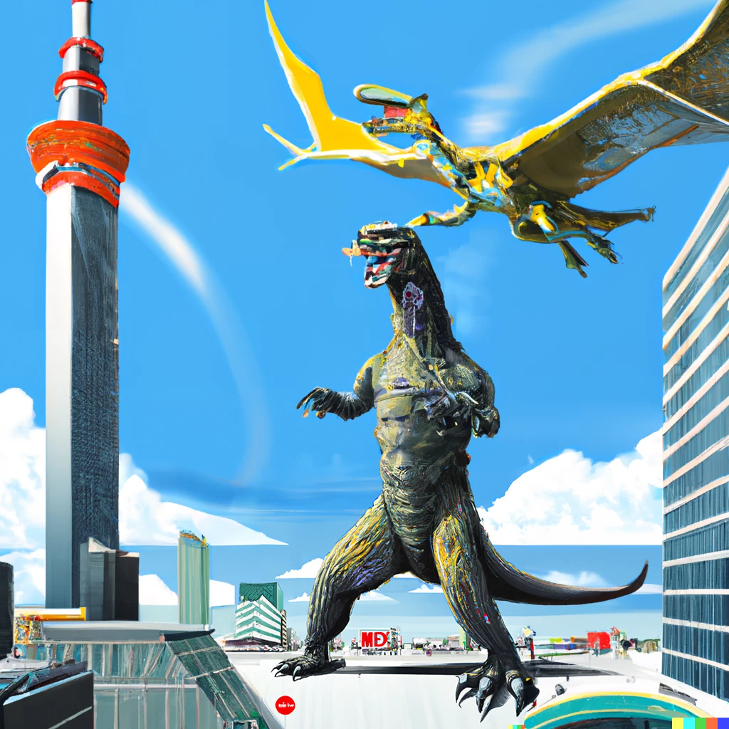 Prompt: giant pterodactyl in sky with godzilla in street