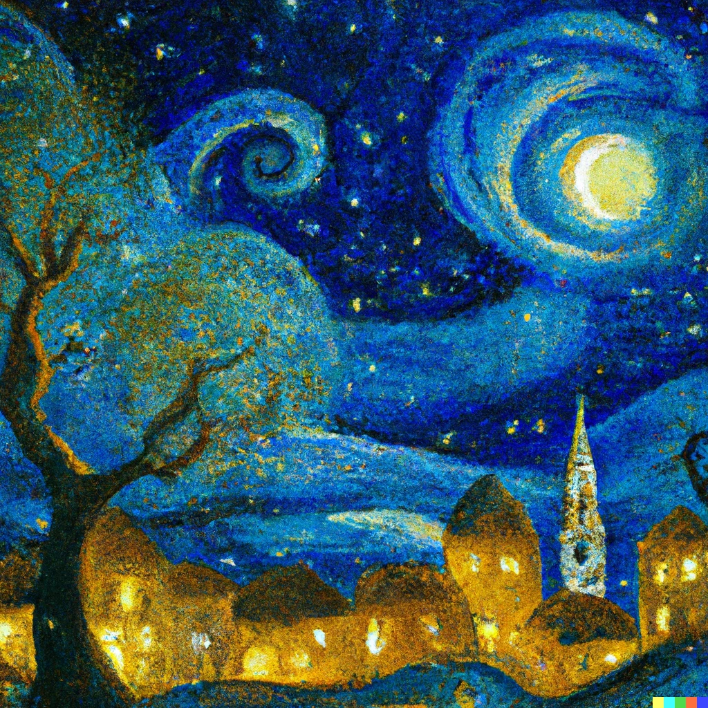 Prompt: oil-on-canvas painting of old city under night sky with chromatic blue swirls, glowing yellow crescent moon, swirling white clouds, and stars rendered as radiating orbs, large tree limbs piercing through sky, in the style of Van Gogh