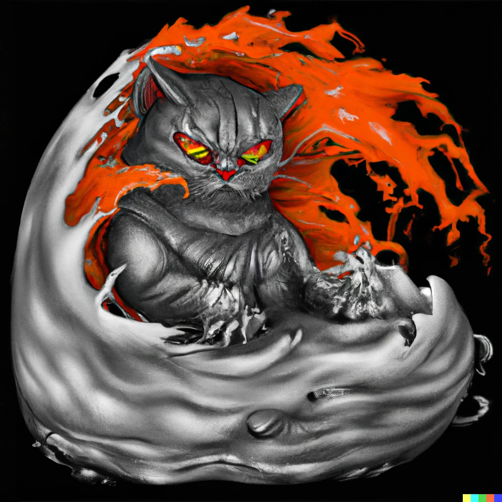 Prompt: tattoo design of a cat made out of lava fighting tsunami, look at that detail, digital art”