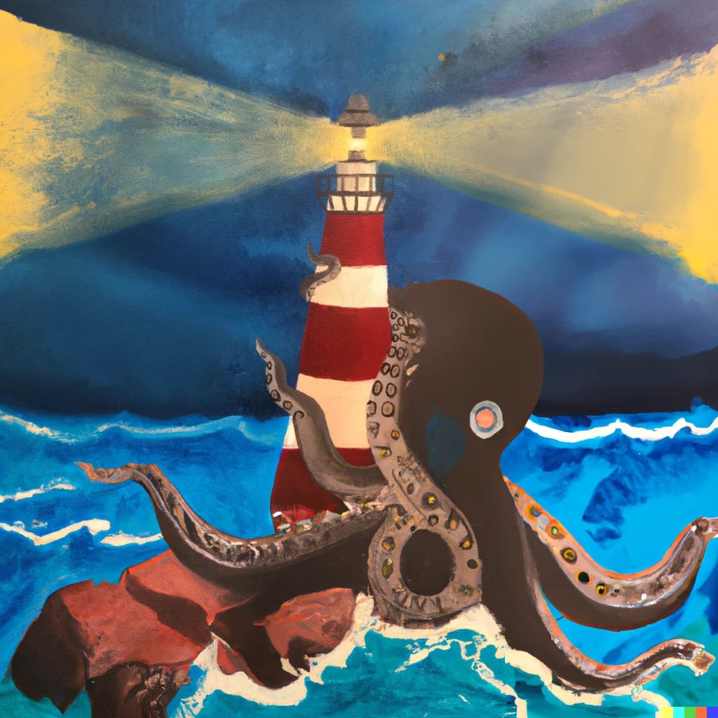 Prompt: lighthouse with giant head kraken in ocean grabbing it