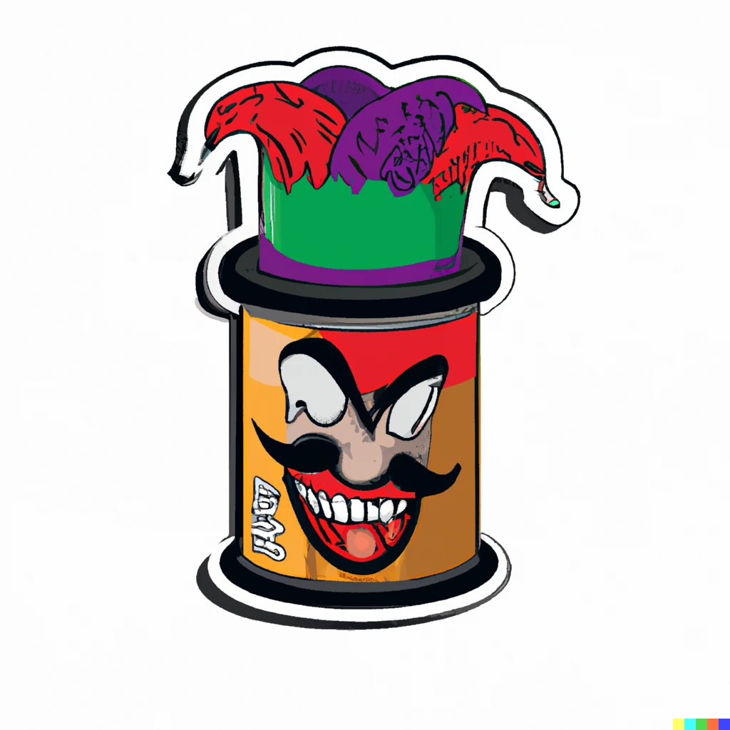 Prompt: can of beans with the joker face and a top hat,Adobe illustrator sticker svg