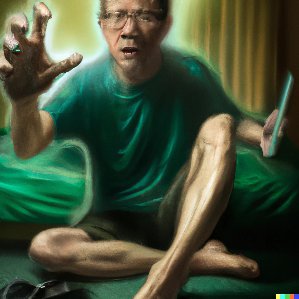Prompt: A man disconnecting from reality after he stubs his toe, digital art, detailed