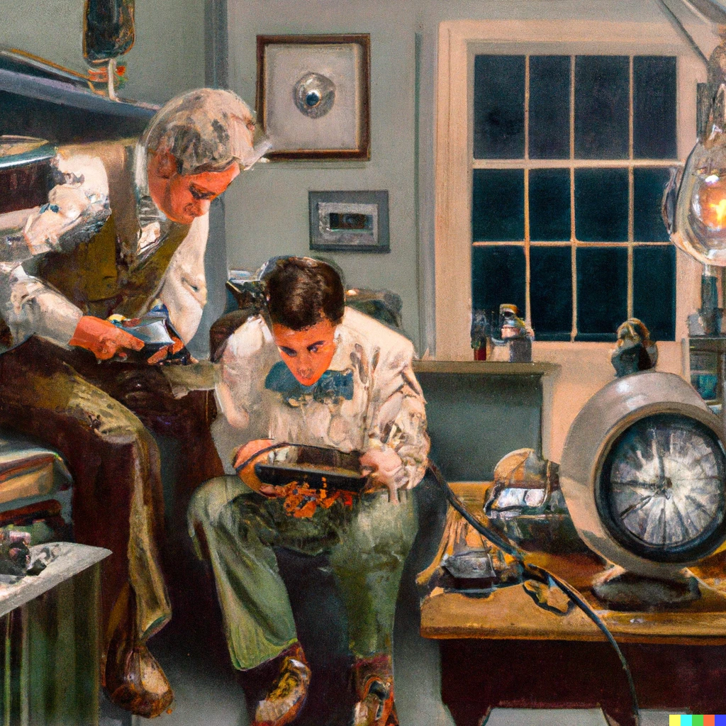Prompt: Norman Rockwell Painting of Marty McFly and Doc Brown, bright, LED, testing gadgets in 1955, detailed